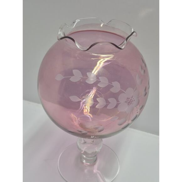MCM Mid Century CRANBERRY Flashed FLORAL & FERN Etched Glass IVY BALL VASE Globe - Picture 4 of 6